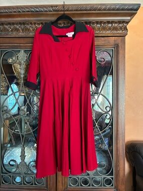 Red Midi Fit-and-Flare Dress with Black Collar and Cuffs